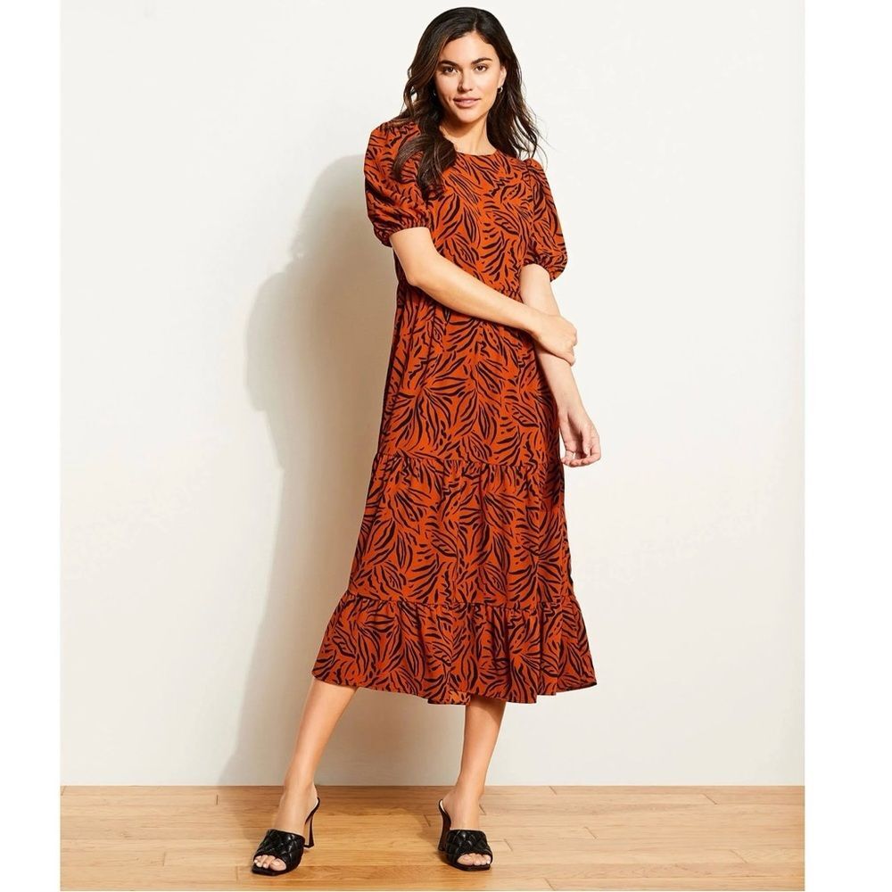 Eiza J Leaf Print Tiered Ruffle Midi Dress Orange Size 6